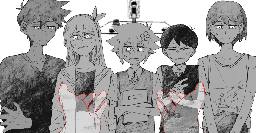 1girl, 5boys, aubrey_(faraway)_(omori), aubrey_(omori), ball, basil_(faraway)_(omori), basil_(omori), basketball_(object)