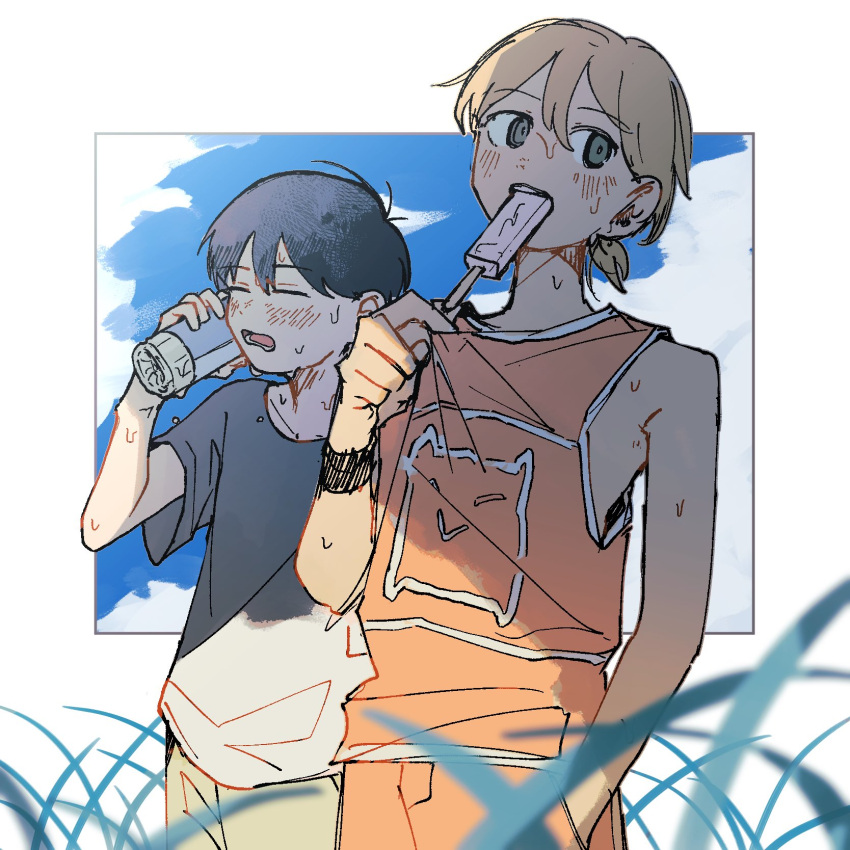 2boys, alternate_hairstyle, black_hair, black_shirt, brown_hair, brown_shorts, closed_eyes, collarbone
