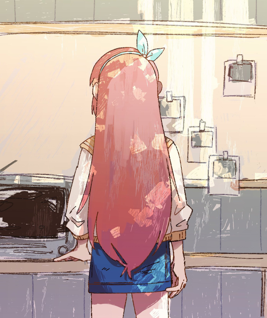 1girl, aubrey_(faraway)_(omori), aubrey_(omori), blue_skirt, denim, denim_skirt, from_behind, hairband, highres, jacket, long_hair, long_sleeves, omori, photo_(object), pink_hair, shakomori_w, skirt, solo, television, white_jacket