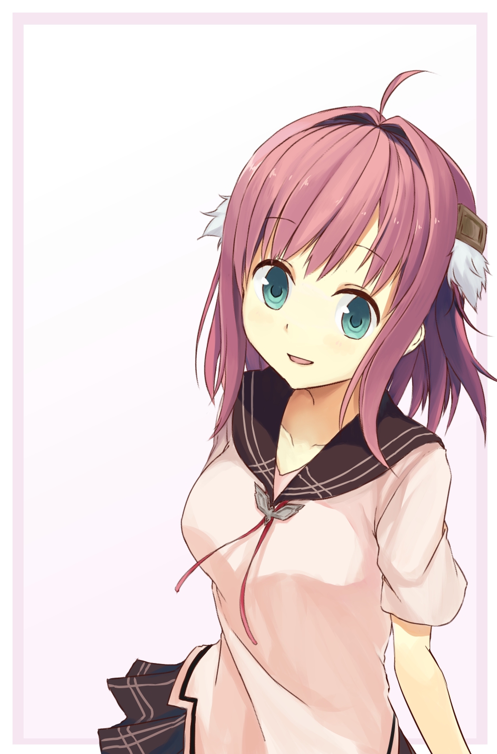 1girl, :d, ahoge, ao_no_kanata_no_four_rhythm, aqua_eyes, arm_at_side, black_sailor_collar, black_skirt