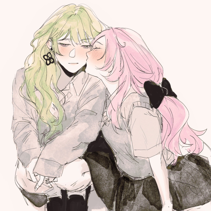 2girls, alternate_costume, black_bow, black_skirt, blush, bow, closed_eyes, commentary