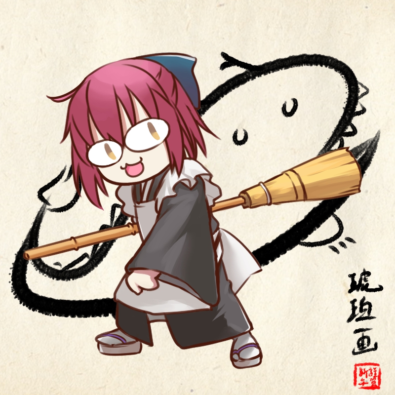 <|>_<|>, 1girl, :3, :d, apron, black_kimono, blue_bow, bow