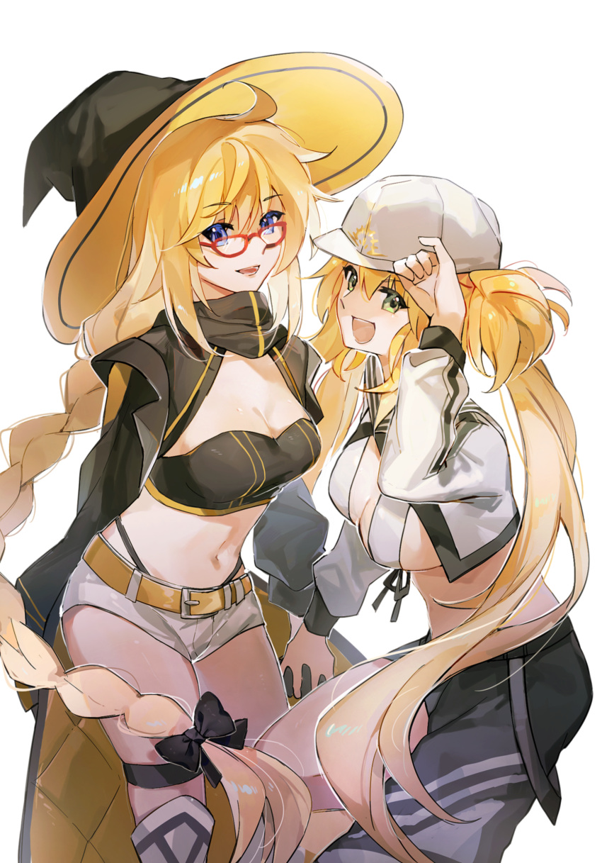 2girls, aesc_(exhibition_attire)_(fate), aesc_(fate), aesc_(rain_witch)_(fate), ahoge, artoria_caster_(fate), artoria_caster_(swimsuit)_(fate), artoria_caster_(swimsuit)_(first_ascension)_(fate), artoria_pendragon_(fate), bandeau, baseball_cap, belt, bikini, bikini_top_only, black_bandeau, blonde_hair, blue_eyes, braid, chinese_commentary, commentary_request, cowboy_shot, cropped_jacket, fate/grand_order, fate_(series), glasses, green_eyes, hand_on_headwear, hat, highres, holding_hands, interlocked_fingers, looking_at_viewer, midriff, multicolored_clothes, multiple_girls, official_alternate_costume, open_mouth, red-framed_eyewear, shorts, siblings, sidelocks, simple_background, single_braid, sisters, smile, swimsuit, twintails, white_background, white_bikini, white_hat, white_shorts, witch_hat, xianlaiwushi, yellow_belt