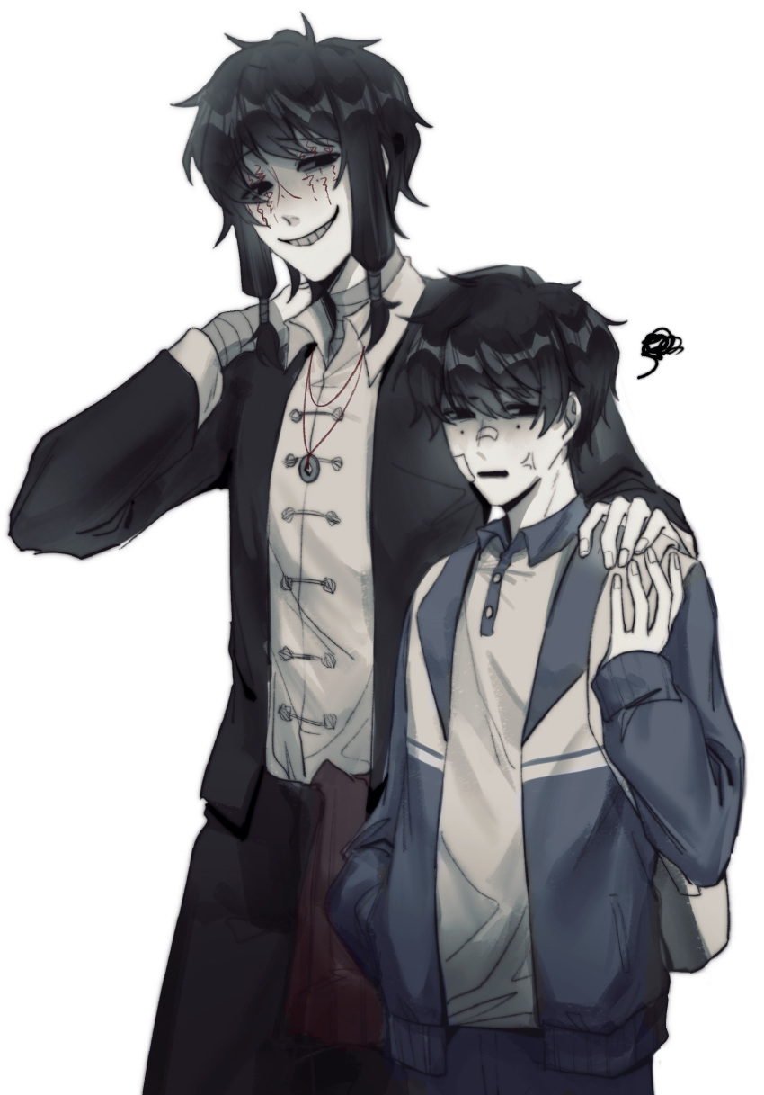 2boys, bag, bandaged_arm, bandaged_neck, bandages, black_eyes, black_hair, black_jacket, black_pants, blue_jacket, blue_pants, chinese_commentary, coin, coin_on_string, collared_shirt, colored_skin, commentary_request, facial_tattoo, gouzixingyan, grin, hand_on_another's_shoulder, hand_on_own_shoulder, height_difference, highres, holed_coin, jacket, jewelry, li_yuting_(male), long_sleeves, male_focus, medium_hair, mole, mole_under_each_eye, mole_under_eye, multiple_boys, multiple_moles, necklace, open_clothes, open_collar, open_jacket, pants, polo_shirt, shirt, short_hair, shoulder_bag, simple_background, smile, squiggle, tattoo, touqi_guaitan, white_background, white_bag, white_shirt, white_skin, ziche_fuzhao