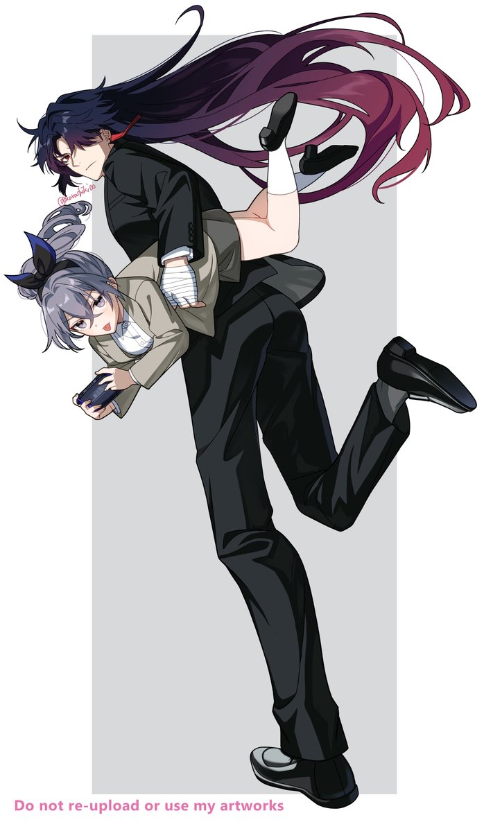 1boy, 1girl, :p, bandaged_hand, bandages, black_footwear, black_hair, black_panties, black_skirt, black_vest, blade_(honkai:_star_rail), carrying, carrying_person, carrying_under_arm, closed_mouth, collared_shirt, drill_hair, drill_ponytail, earrings, floating_hair, full_body, grey_eyes, grey_hair, hair_between_eyes, hair_ribbon, handheld_game_console, holding, holding_handheld_game_console, honkai:_star_rail, honkai_(series), jewelry, kurashiki00, long_sleeves, looking_back, panties, red_eyes, ribbon, shirt, silver_wolf_(honkai:_star_rail), silver_wolf_(samsung)_(honkai:_star_rail), simple_background, single_earring, skirt, socks, tongue, tongue_out, underwear, vest, white_shirt, white_socks