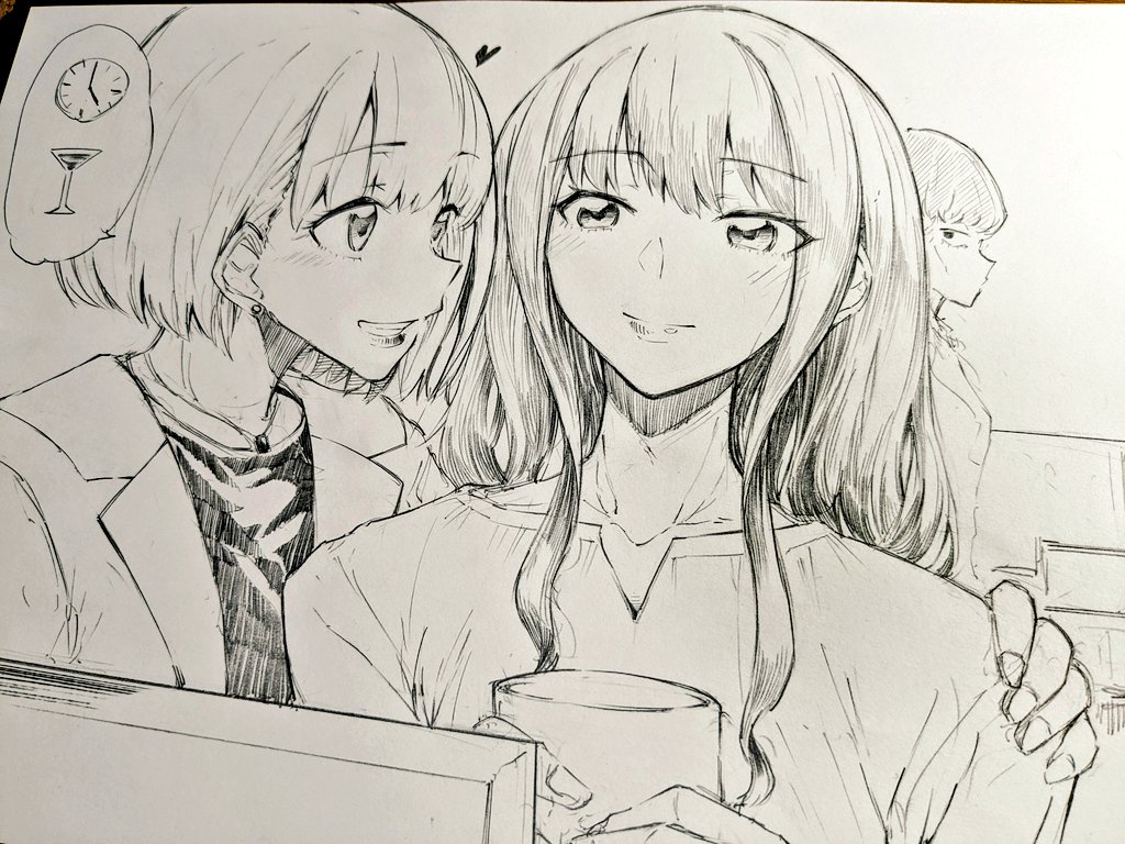 3girls, aged_up, blush, bob_cut, clenched_teeth, closed_mouth, commentary_request, cup