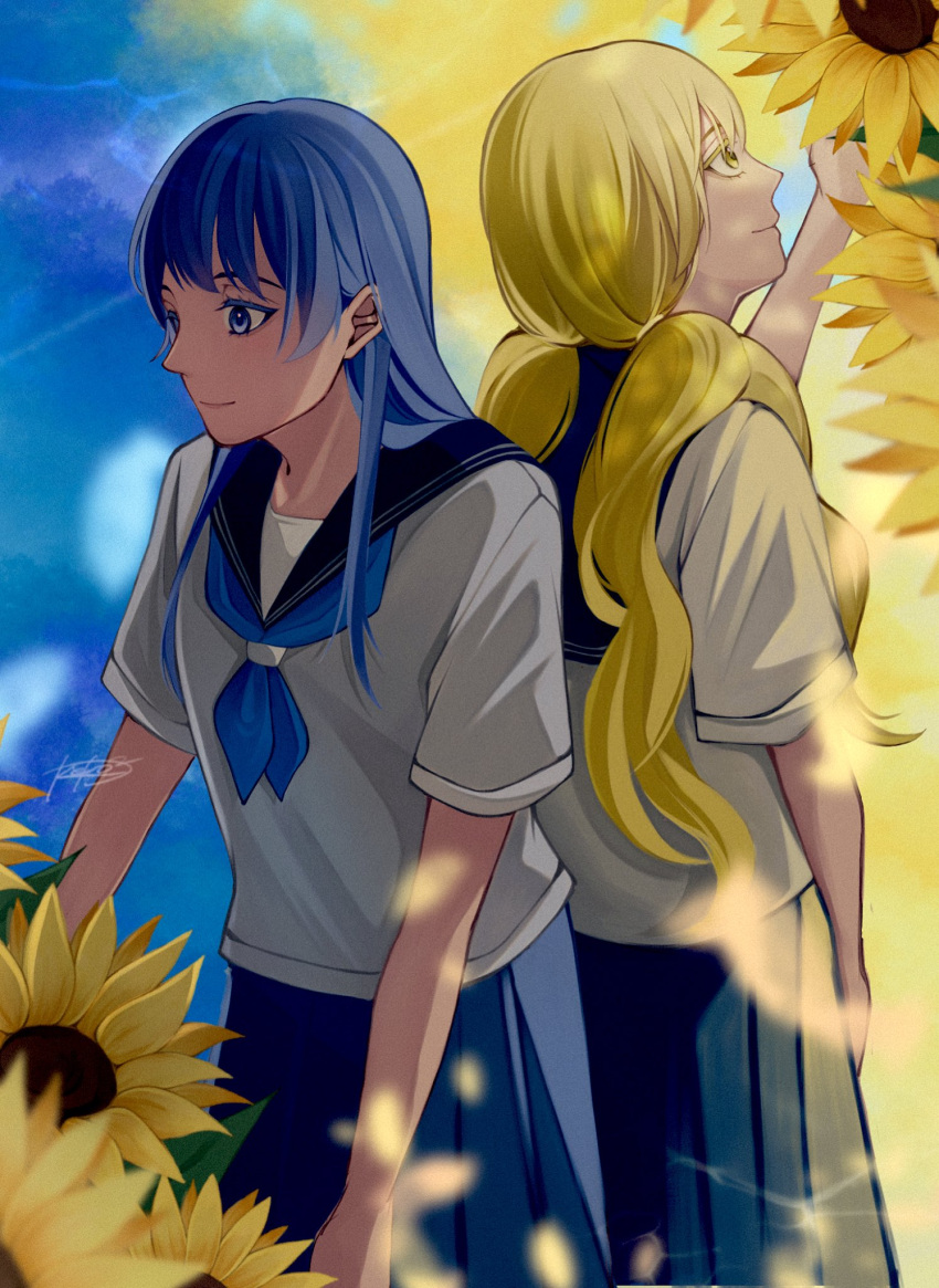 2girls, ado_(utaite), aoi_(ado), blonde_hair, blue_eyes, blue_hair, blue_neckerchief, blue_sailor_collar, blue_skirt, closed_mouth, commentary, flower, hand_up, highres, himawari_(ado), hinata_(ado), keeko_(kk_0012), long_hair, multiple_girls, neckerchief, pleated_skirt, sailor_collar, school_uniform, serafuku, shirt, short_sleeves, signature, skirt, sunflower, twintails, white_shirt, yellow_eyes