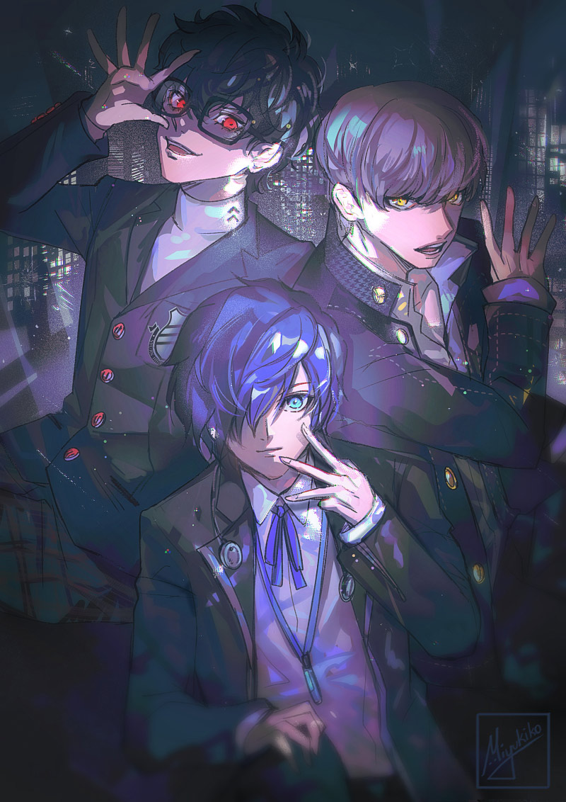 3boys, amamiya_ren, black-framed_eyewear, black_hair, black_jacket, blue_eyes, blue_hair, collared_shirt