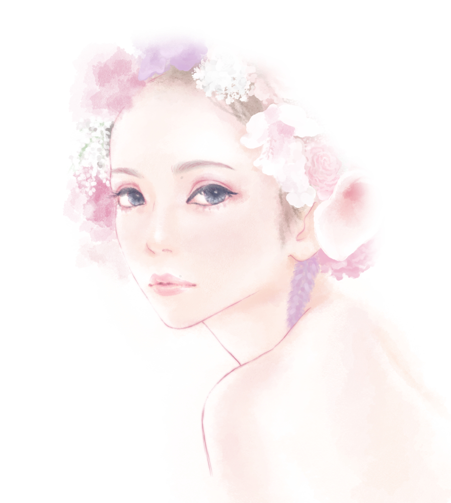 1girl, back, closed_mouth, commentary_request, eyeliner, eyeshadow, flower, flower_wreath