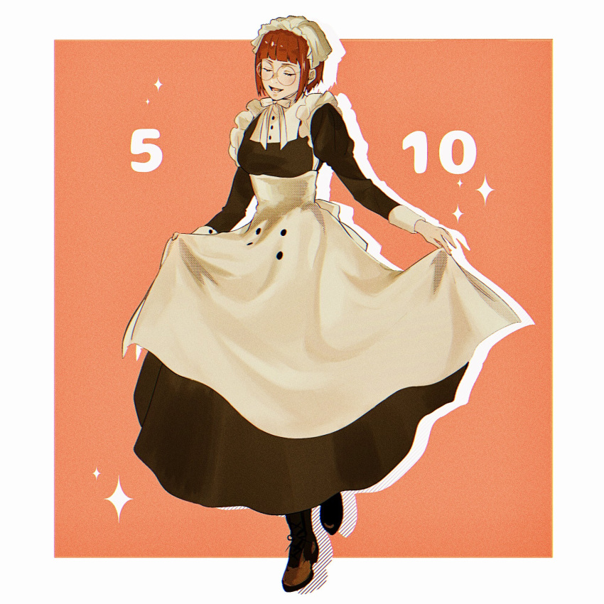 1girl, alternate_hairstyle, apron, apron_lift, back_bow, black_dress, blunt_bangs, bob_cut, boots, border, bow, brown_footwear, buttons, closed_eyes, clothes_lift, dress, highres, kuroshitsuji, maid, maid_apron, maid_headdress, meirin_(kuroshitsuji), neck_ribbon, open_mouth, orange_background, outline, rau_820, redhead, ribbon, short_hair, sidelocks, solo, sparkle, white_apron, white_border, white_outline, white_ribbon
