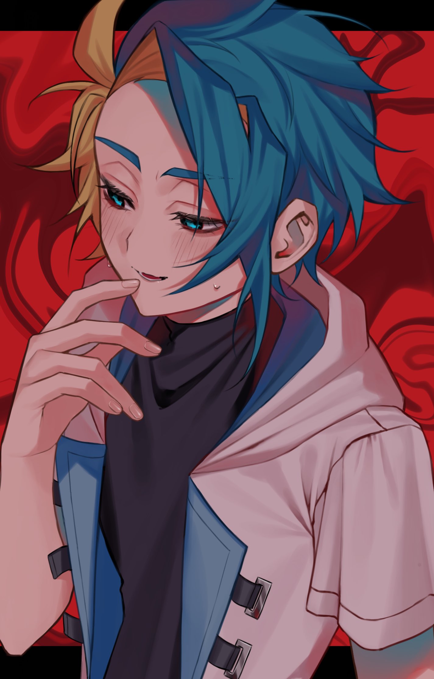 1boy, beyblade, beyblade_x, black_shirt, blonde_hair, blue_eyes, blue_hair, blush, highres, hood, hooded_jacket, jacket, kurosu_ekusu, male_focus, multicolored_hair, ono_matope4, red_background, shirt, short_hair, solo, two-tone_hair, upper_body, white_jacket