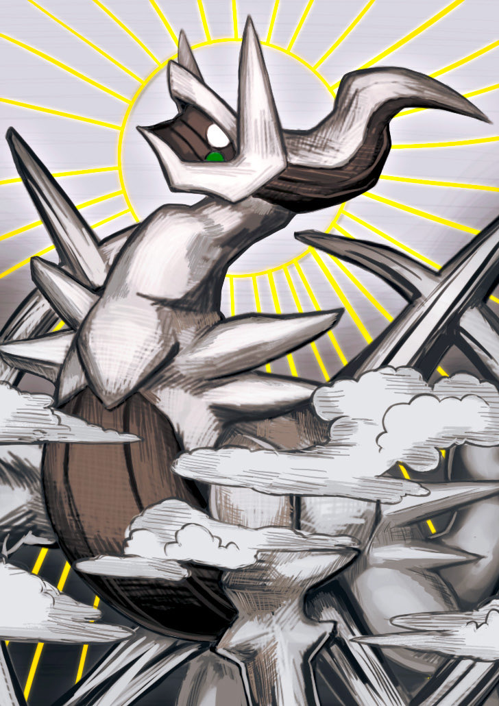 arceus, blank_eyes, clouds, ezgk385, grey_background, halo, halo_behind_head, horns, no_humans, pokemon, pokemon_(creature), pokemon_focus, solo, sunburst