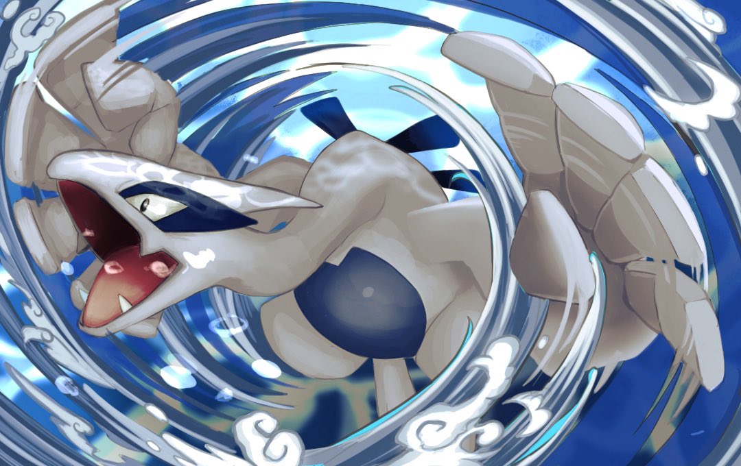 aeroblast_(pokemon), aerokinesis, colored_skin, ezgk385, fangs, flying, long_neck, lugia, no_humans, open_mouth, pokemon, pokemon_(creature), pokemon_focus, solo, spines, white_skin, wind