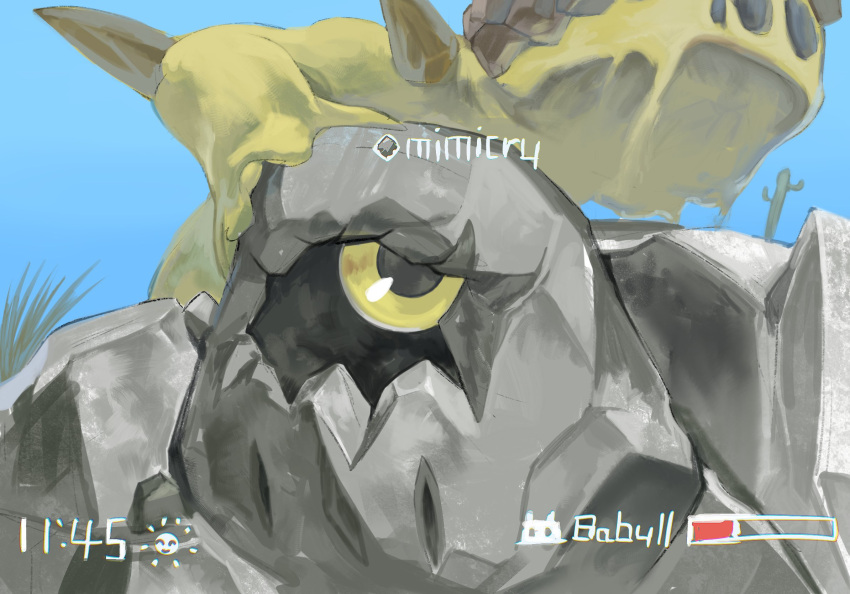 black_sclera, colored_sclera, digimon, digimon_(creature), goromon, health_bar, highres, level-00, no_humans, rock, solo_focus, sunarizamon, timestamp, yellow_eyes