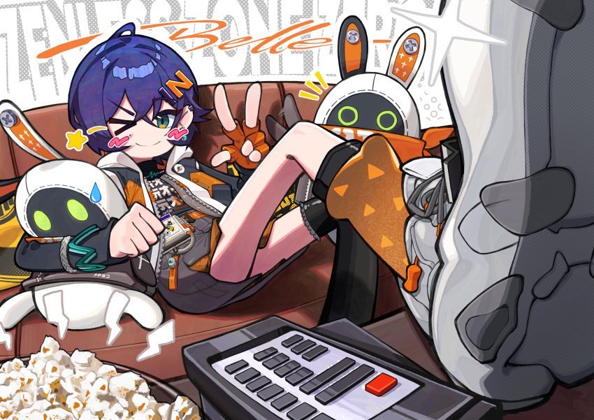 >_o, 1girl, absurdres, animal_hug, bangboo_(zenless_zone_zero), belle_(zenless_zone_zero), black_jacket, black_shirt, black_thighhighs, blue_hair, character_name, closed_mouth, commentary, controller, copyright_name, couch, english_commentary, eous_(zenless_zone_zero), feet_up, fingerless_gloves, food, glint, gloves, grey_shorts, hair_ornament, highres, jacket, long_sleeves, mendidih448, multicolored_clothes, multicolored_jacket, notice_lines, one_eye_closed, open_clothes, open_jacket, orange_gloves, orange_socks, popcorn, remote_control, shirt, shoe_soles, short_hair, shorts, single_thighhigh, sitting, smile, socks, solo, split_mouth, star_(symbol), sweatdrop, thigh-highs, w, waving, white_footwear, zenless_zone_zero
