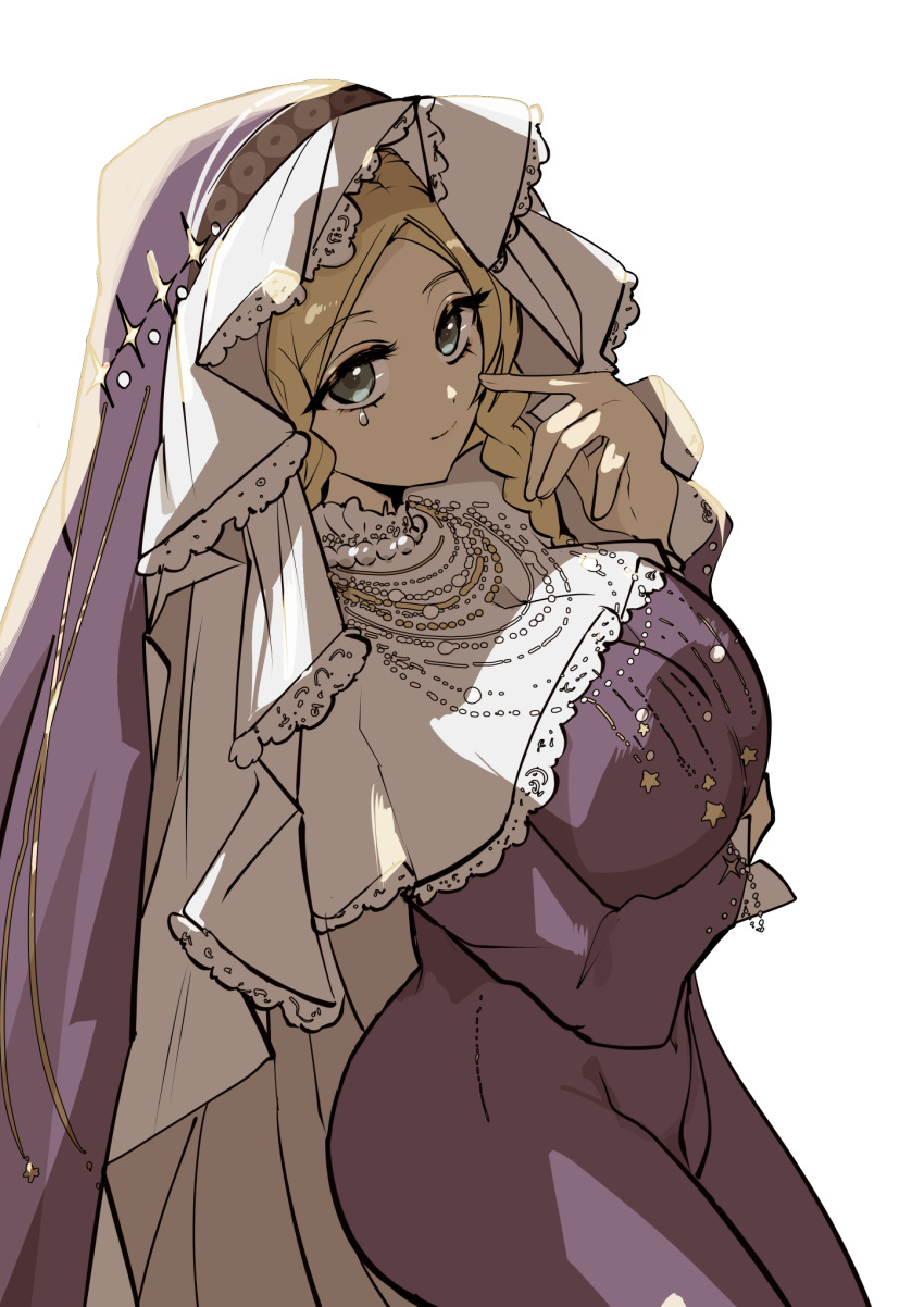 1girl, arm_under_breasts, blonde_hair, blue_eyes, braid, breasts, closed_mouth, coif, cowboy_shot, dress, finger_to_cheek, hand_up, highres, jewel_under_eye, large_breasts, long_sleeves, looking_at_viewer, ms._moissan, nun, official_alternate_costume, purple_dress, reverse:1999, smile, solo, traditional_nun, twin_braids, white_background, ziyunshanding