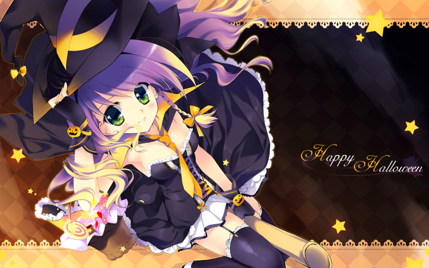 black_legwear, broom, broom_riding, fingerless_gloves, garter_belt, gloves, green_eyes, halloween