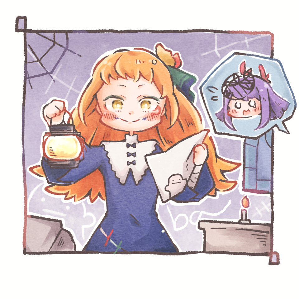 2girls, aqua_eyeshadow, bandaged_arm, bandages, black_dress, dress, eyeliner, eyeshadow, facial_mark, fire_emblem, fire_emblem_engage, holding, holding_lantern, holding_map, ivy_(fire_emblem), lantern, makeup, map, multiple_girls, no_kya, orange_hair, panette_(fire_emblem), purple_hair, red_eyeliner, short_bangs, speech_bubble, stitched_mouth, stitches, yellow_eyes