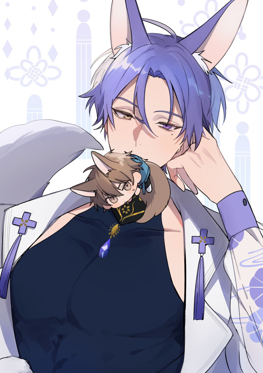 2boys, animal_ear_fluff, animal_ears, black_shirt, blue_gemstone, blue_jacket, brown_eyes, brown_tail, buttoned_cuffs, buttons, chibi, compression_shirt, eiden_(nu_carnival), floral_print, fox_ears, fox_tail, gem, hair_between_eyes, hand_on_own_head, hand_up, heterochromia, highres, ikaremanju, jacket, kuya_(nu_carnival), lapel_pin, lapels, looking_at_viewer, male_focus, mole, mole_under_eye, multiple_boys, nu_carnival, pectorals, person_in_mouth, purple_ears, purple_hair, purple_wrist_cuffs, shirt, simple_background, sleeveless, sleeveless_shirt, sweatdrop, tail, tassel, upper_body, white_jacket, white_tail, wrist_cuffs