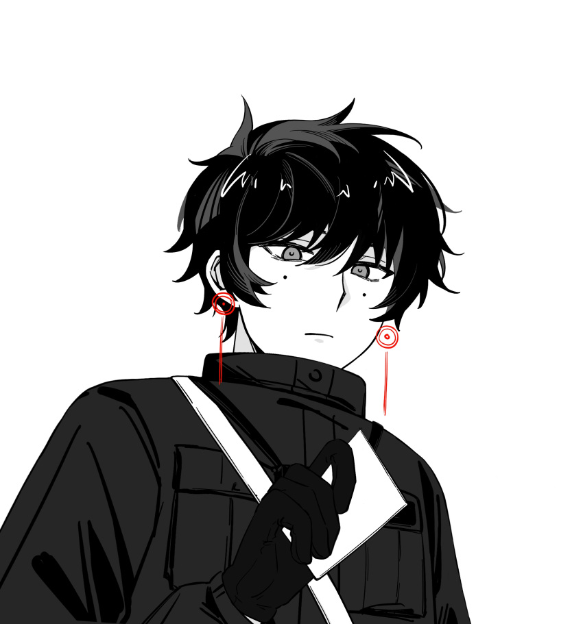 1boy, absurdres, closed_mouth, commentary, earrings, expressionless, gloves, greyscale