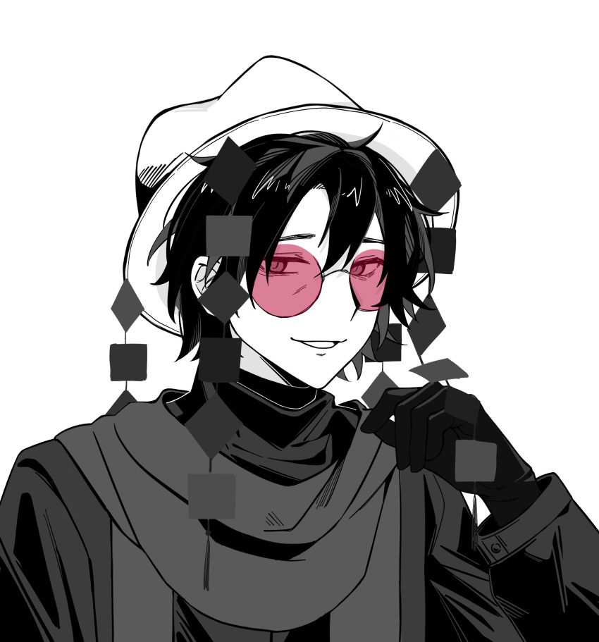 1boy, absurdres, commentary, gloves, greyscale, hair_between_eyes, hand_up, hat