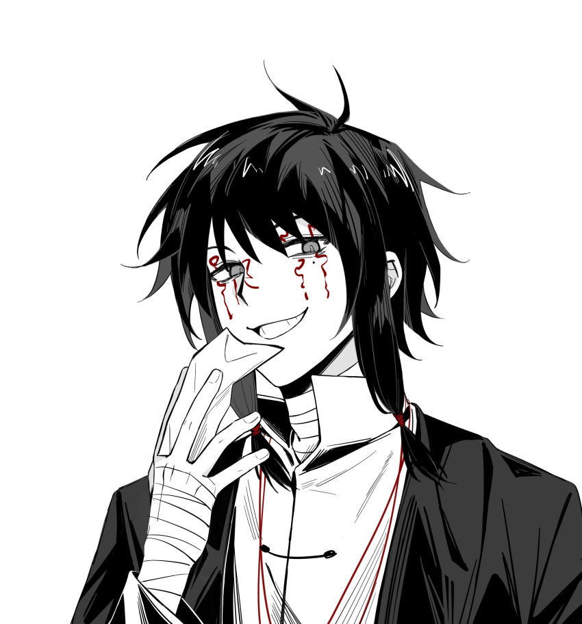 1boy, absurdres, bandaged_hand, bandaged_neck, bandages, coat, collared_shirt, commentary