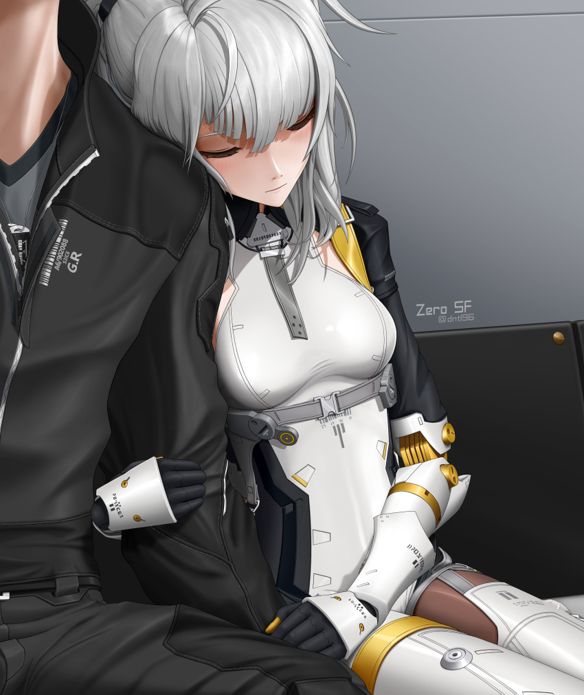 1boy, 1girl, absurdres, artist_name, black_jacket, black_sleeves, bodysuit, breasts, closed_eyes, closed_mouth, commandant_(punishing:_gray_raven), grey_hair, head_on_another's_shoulder, highres, holding_another's_arm, jacket, joints, karenina:_scire_(punishing:_gray_raven), karenina_(punishing:_gray_raven), long_hair, mechanical_arms, mechanical_legs, punishing:_gray_raven, robot_joints, sideboob, sleeping, twintails, white_bodysuit, zero_sf
