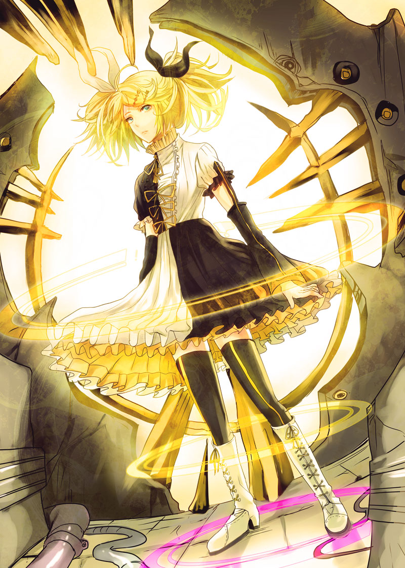 alternate_hairstyle, aqua_eyes, blonde_hair, boots, detached_sleeves, dress, hair_ornament, hair_ribbon, hairclip, kagamine_rin, kagamine_rin_(roshin_yuukai/hard_rkmix), long_hair, meltdown_(vocaloid), ribbon, roshin_yuukai_(vocaloid), shoko_makiko, solo, standing, thigh-highs, thighhighs, twintails, vocaloid, zettai_ryouiki