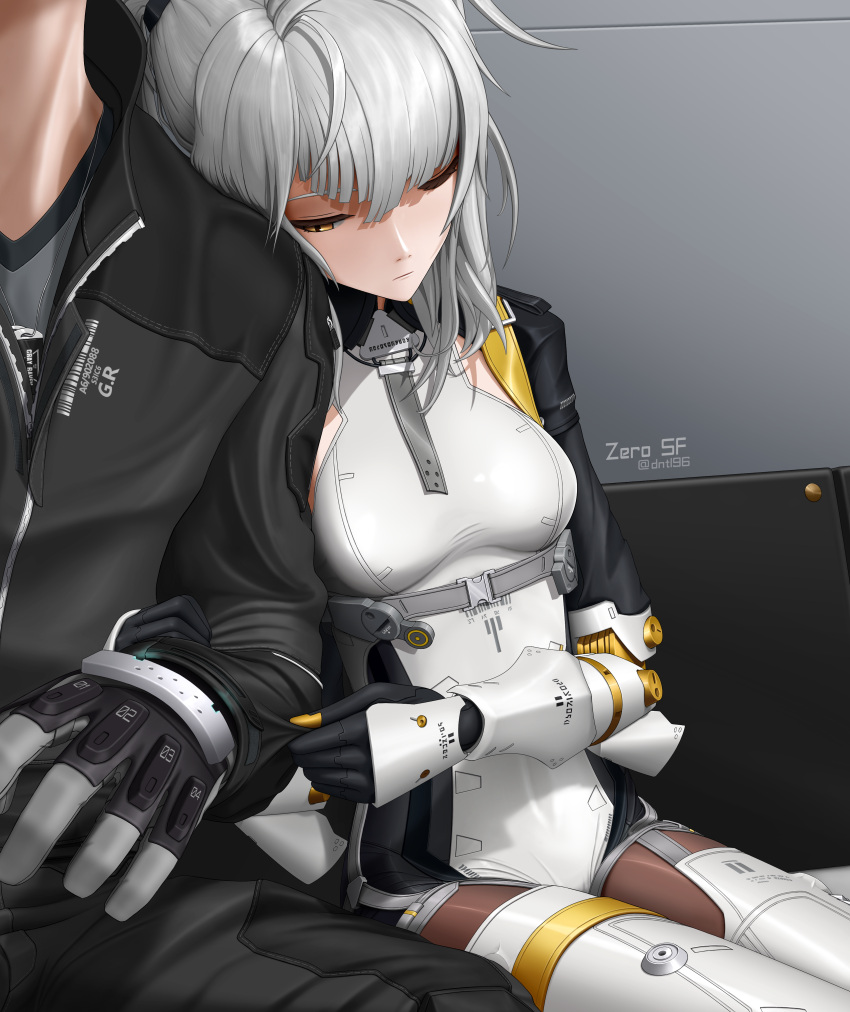 1boy, 1girl, absurdres, artist_name, black_jacket, black_sleeves, bodysuit, breasts, closed_eyes, closed_mouth, commandant_(punishing:_gray_raven), grey_hair, head_on_another's_shoulder, highres, holding_another's_arm, jacket, joints, karenina:_scire_(punishing:_gray_raven), karenina_(punishing:_gray_raven), long_hair, mechanical_arms, mechanical_legs, pinching, punishing:_gray_raven, robot_joints, sideboob, twintails, white_bodysuit, zero_sf