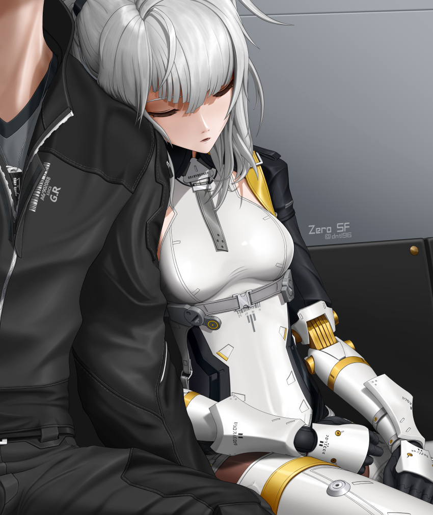 1boy, 1girl, absurdres, artist_name, black_jacket, black_sleeves, bodysuit, breasts