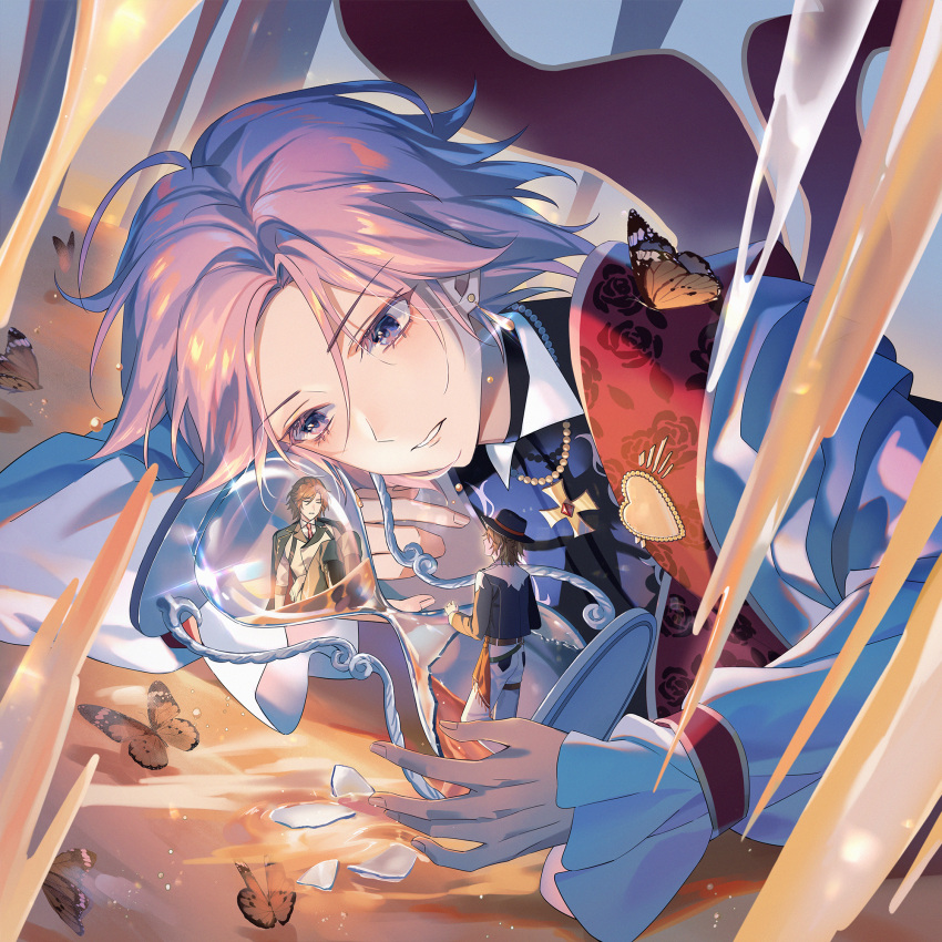 3boys, arm_rest, broken_glass, broken_hourglass, bug, butterfly, cheek_rest, diffraction_spikes