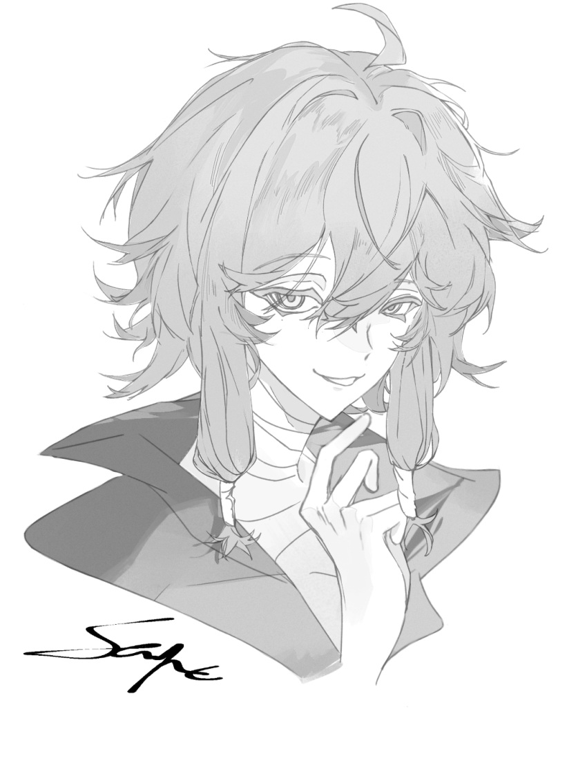 1boy, ahoge, bandaged_neck, bandages, chinese_commentary, commentary_request, fanguan, greyscale