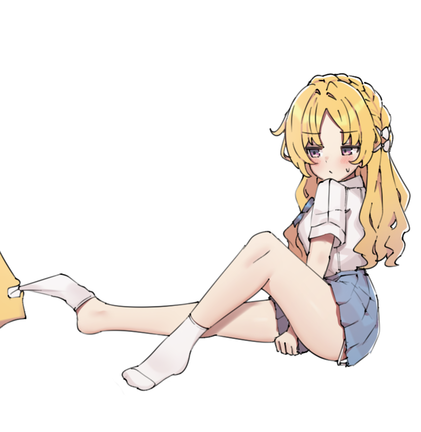 1boy, 1girl, aa211108, biting_another's_clothes, blonde_hair, blue_skirt, braid, dot_nose