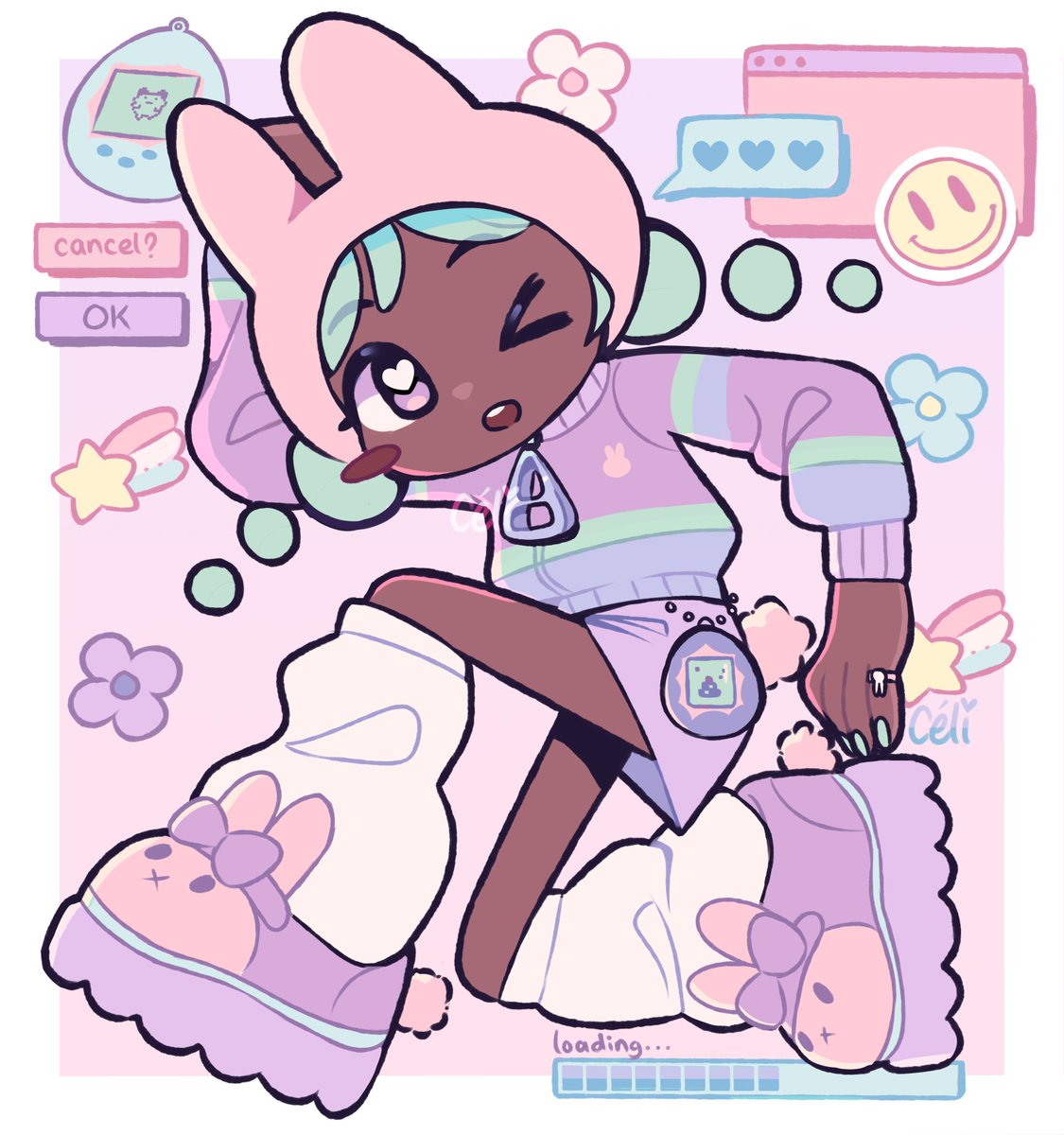 1girl, aqua_hair, blush_stickers, dark-skinned_female, dark_skin, flower_(symbol), full_body, hairstyle_request