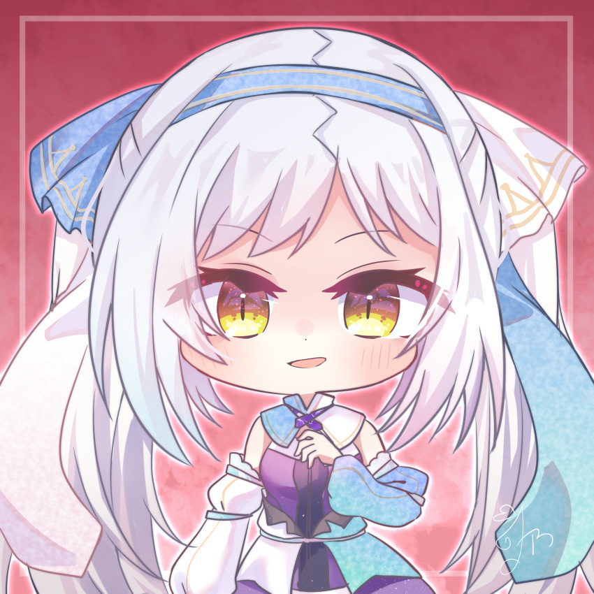 1girl, 9-nine-, :d, absurdres, arm_at_side, asymmetrical_sleeves, bare_shoulders, blue_hairband, blue_ribbon, blue_sleeves, blush, chibi, commentary, cowboy_shot, detached_sleeves, dress, eyes_visible_through_hair, hair_ribbon, hairband, hand_up, highres, long_hair, long_sleeves, looking_at_viewer, mismatched_sleeves, open_mouth, parted_bangs, puffy_long_sleeves, puffy_sleeves, purple_dress, red_background, ribbon, signature, simple_background, slit_pupils, smile, smirk, solo, sophitia, star_(symbol), star_print, tsurime, twintails, utuigawa, very_long_hair, white_hair, white_ribbon, white_sleeves, yellow_eyes