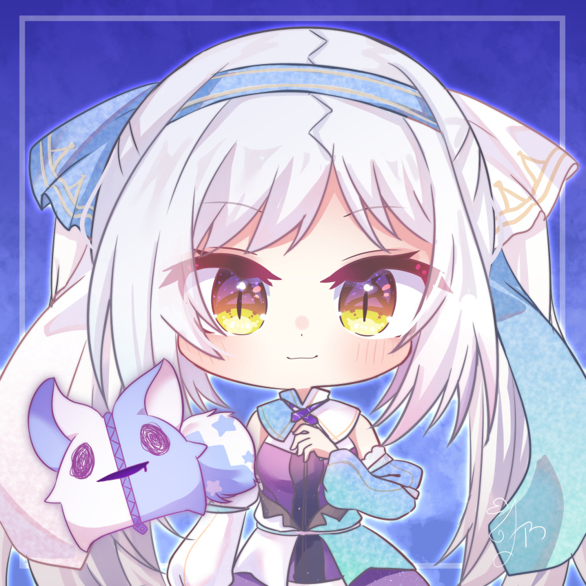 1girl, 9-nine-, :3, absurdres, arm_at_side, asymmetrical_sleeves, bare_shoulders, blue_background