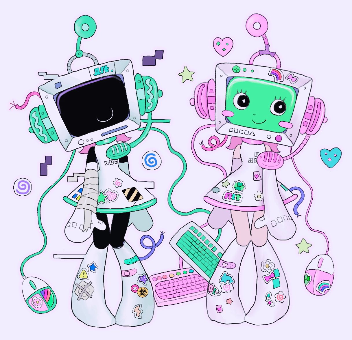 2girls, alt_(pop'n_music), alternate_hair_color, bemani, blush, closed_mouth, commentary_request, computer_keyboard, computer_mouse, decora, dress, dual_persona, elbow_gloves, eyelashes, gloves, headphones, headset, long_hair, multiple_girls, object_head, pink_hair, pop'n_music, r_m_c_3, radio_antenna, robot, robot_girl, simple_background, smile, sticker, white_dress, white_footwear, white_gloves
