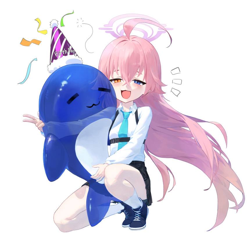 1girl, :3, :d, absurdres, ahoge, black_skirt, blue_archive, blue_eyes, blue_necktie, collared_shirt, commentary_request, confetti, english_text, full_body, hair_between_eyes, halo, hat, heterochromia, highres, hoshino_(blue_archive), hugging_doll, hugging_object, kneehighs, long_hair, long_sleeves, looking_at_viewer, necktie, party_hat, pink_hair, plaid_clothes, plaid_skirt, pleated_skirt, school_uniform, shirt, shoes, shoulder_strap, sidelocks, simple_background, skirt, smile, sneakers, socks, solo, squatting, stuffed_whale, taktori, transparent, v, white_background, white_shirt, white_socks, yellow_eyes