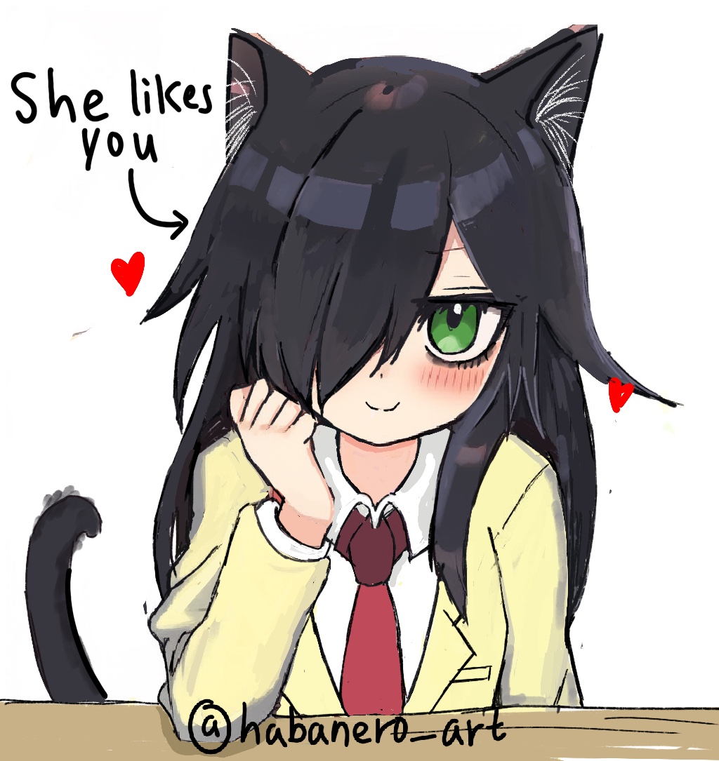 1girl, black_hair, blush, cat_girl, cat_tail, english_text, female, green_eyes, habanero_art, hair_over_one_eye, heart, kuroki_tomoko, long_hair, long_sleeves, looking_at_viewer, necktie, school_uniform, smile, solo, table, watashi_ga_motenai_no_wa_dou_kangaetemo_omaera_ga_warui!, white_background