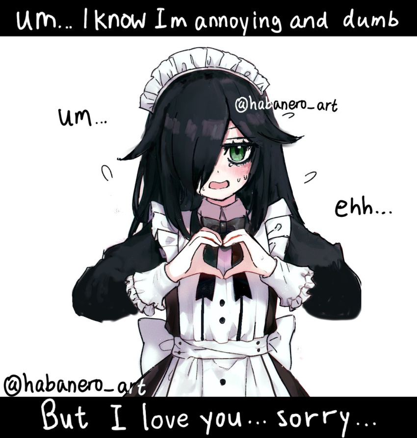 1girl, black_hair, blush, embarrassed, english_text, female, green_eyes, habanero_art