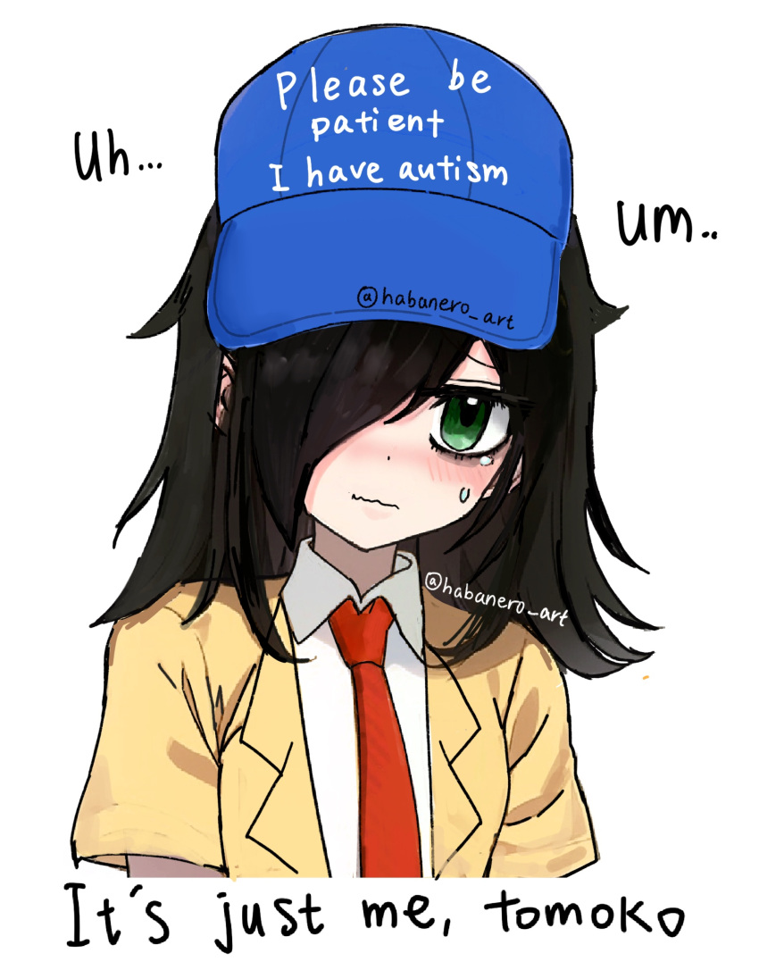 1girl, autism, black_hair, blush, cap, female, green_eyes, habanero_art