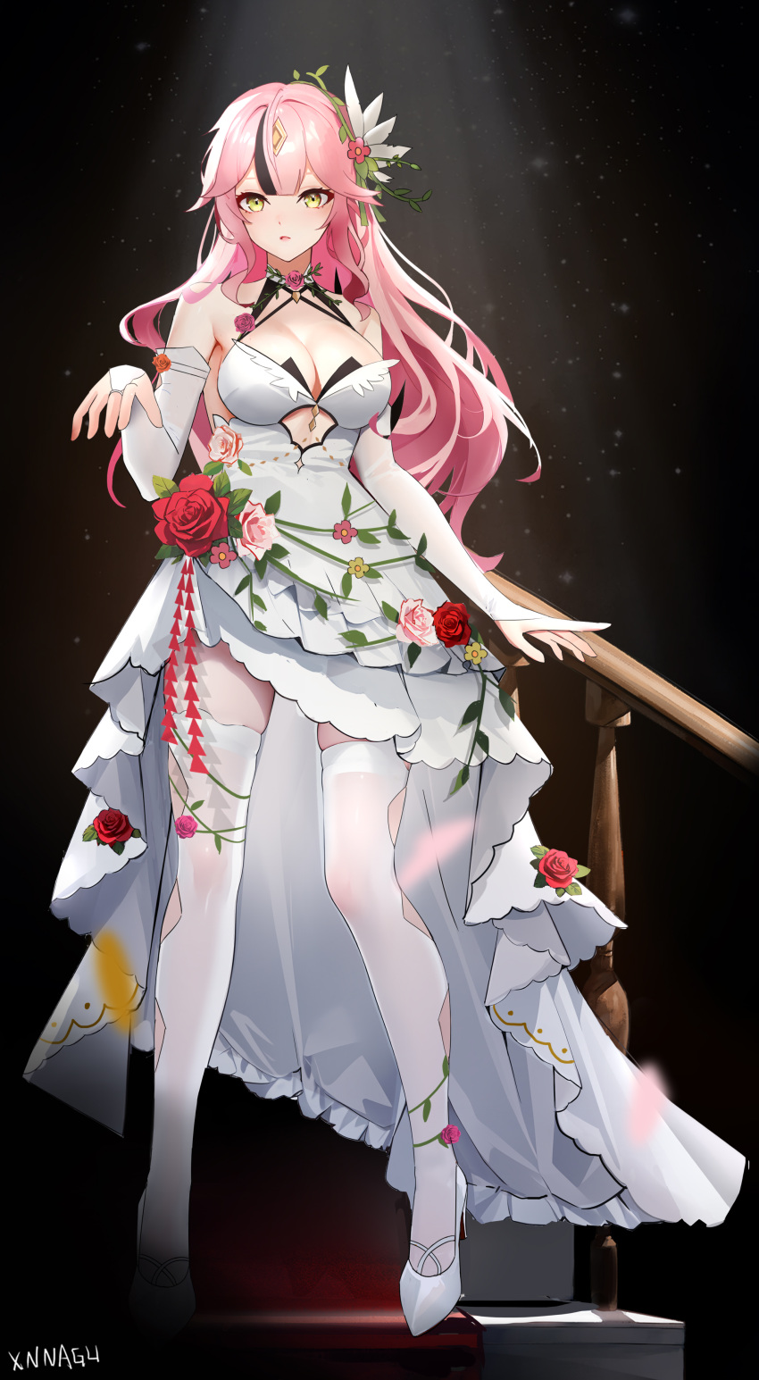 1girl, absurdres, bare_shoulders, breasts, dark_background, dress, flower, gloves, highres, lan_(ivory_bloom)_(tower_of_fantasy), lan_(tower_of_fantasy), long_hair, looking_at_viewer, open_mouth, pink_hair, rose, simple_background, tower_of_fantasy, wedding_dress, white_dress, xnnagu, yellow_eyes