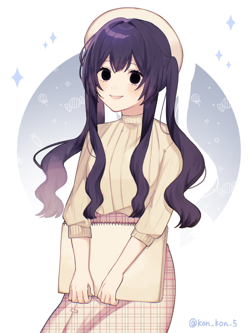 1girl, alternate_costume, beret, black_eyes, candy_print, cowboy_shot, empty_eyes, hat