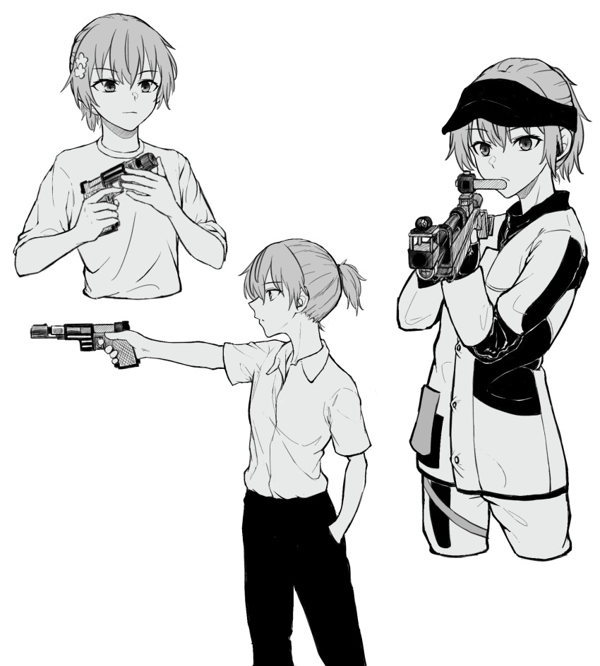 1girl, aiming, black_pants, collared_shirt, earplugs, flower, gun, hair_between_eyes