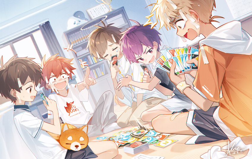 +++, 5boys, ^^^, black_shorts, blonde_hair, brown_eyes, brown_hair, brown_pants