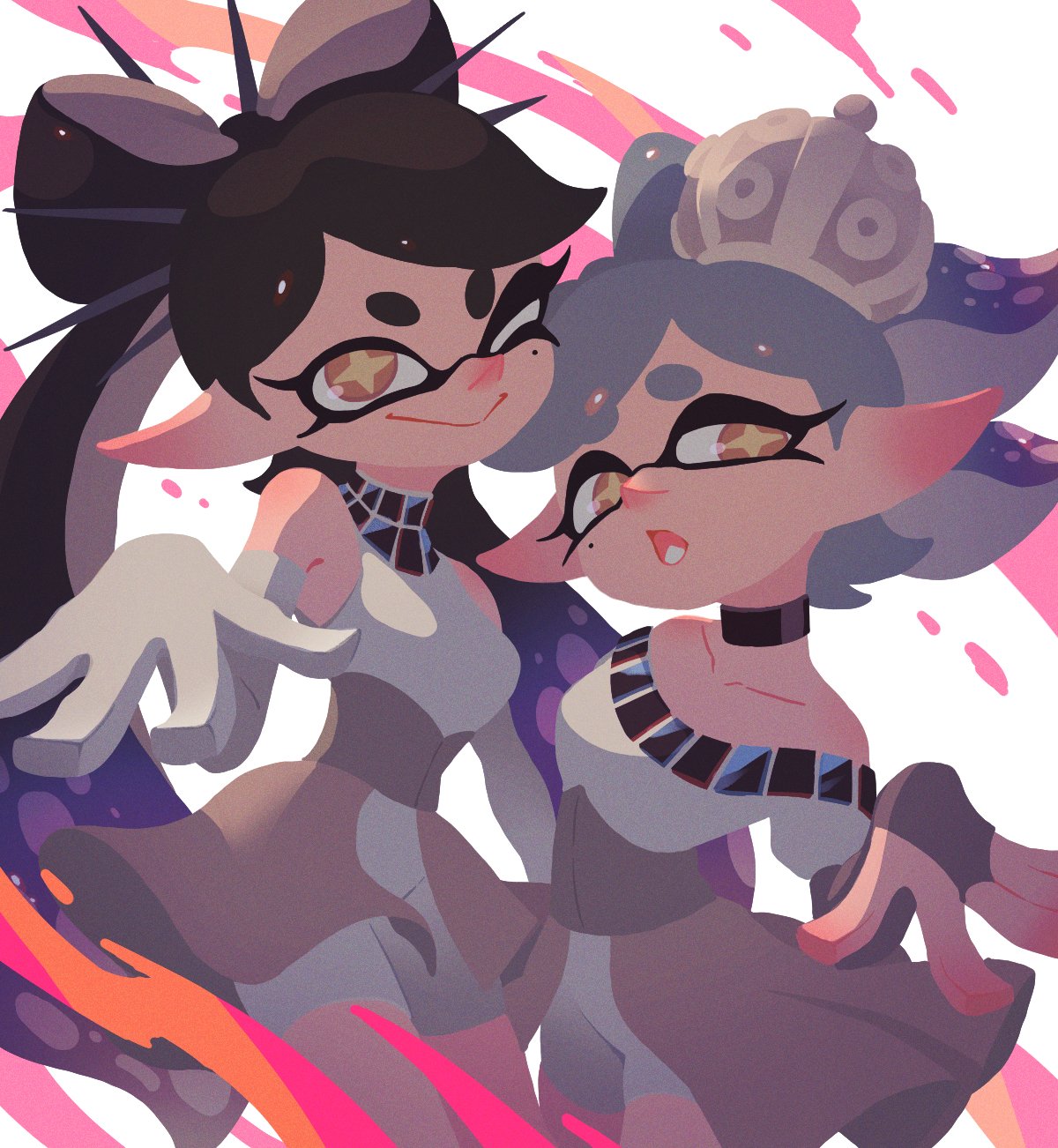 2girls, :o, black_choker, black_hair, black_sleeves, bow-shaped_hair, callie_(splatoon), choker, colored_tongue, commentary_request, elbow_gloves, fang, full_body, gloves, gradient_hair, green_hair, green_tongue, grey_corset, grey_hair, hat, highres, holding_hands, inkling, long_hair, looking_at_viewer, marie_(splatoon), mole, mole_under_eye, multicolored_hair, multiple_girls, nintendo, off-shoulder_shirt, off_shoulder, official_alternate_costume, one_eye_closed, open_mouth, pointy_ears, shirt, short_hair, sleeveless, sleeveless_shirt, smile, splatoon_(series), splatoon_3, star-shaped_pupils, star_(symbol), suction_cups, swept_bangs, symbol-shaped_pupils, tentacle_hair, teo_(teorekka), thick_eyebrows, twintails, two-tone_hair, very_long_hair, white_gloves, white_hat, white_shirt, yellow_eyes