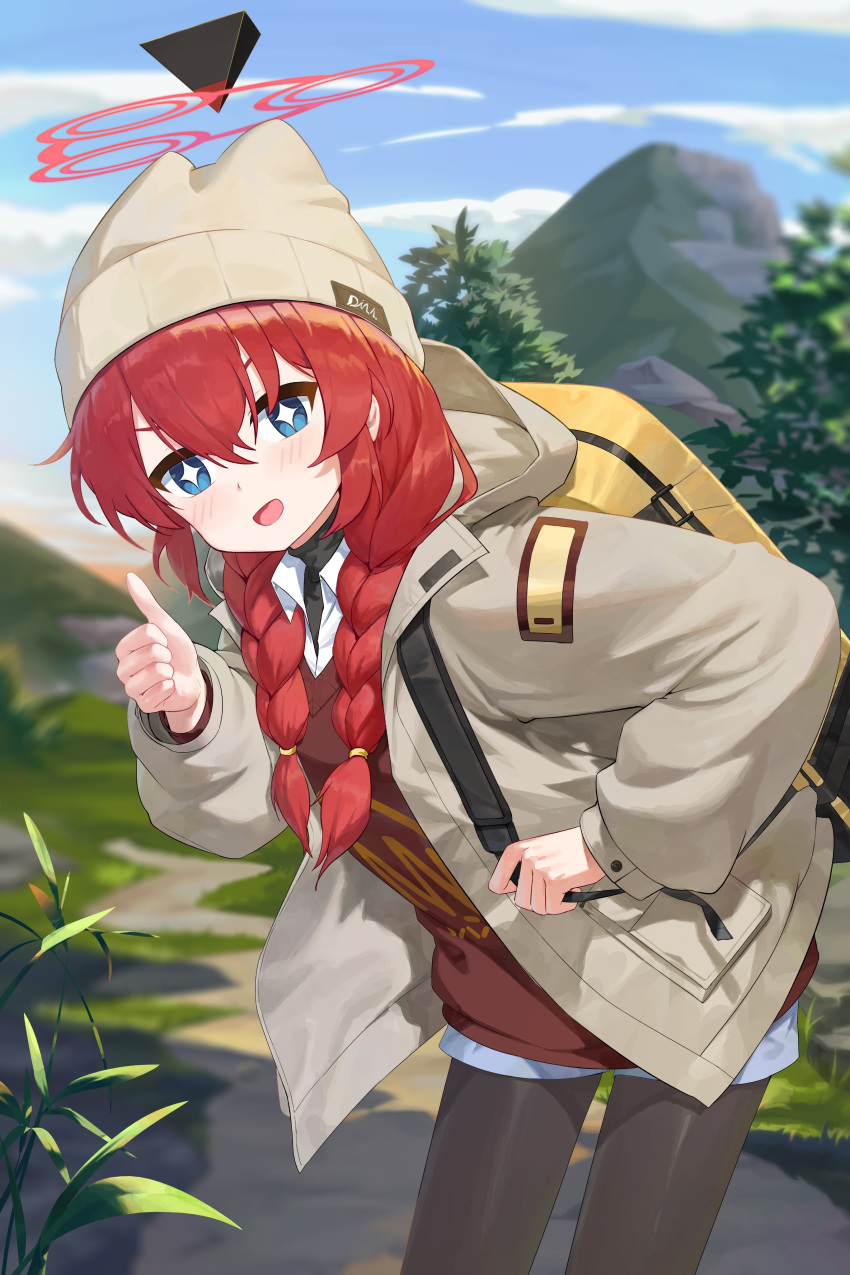 +_+, 1girl, absurdres, backpack, bag, bent_over, black_pantyhose, blue_archive, blue_eyes, blue_shorts, blue_sky, blurry, braid, clouds, cloudy_sky, coat, commentary_request, depth_of_field, grey_coat, hair_between_eyes, halo, hat, highres, long_hair, long_sleeves, looking_at_viewer, low_twin_braids, low_twintails, maki_(blue_archive), maki_(camp)_(blue_archive), mountain, official_alternate_costume, official_alternate_hairstyle, open_clothes, open_coat, outdoors, pantyhose, pocket, red_sweater, redhead, shirt, short_shorts, shorts, sidelocks, sky, solo, sparkling_eyes, sweater, taktori, thumbs_up, tree, turtleneck, twin_braids, twintails, white_shirt