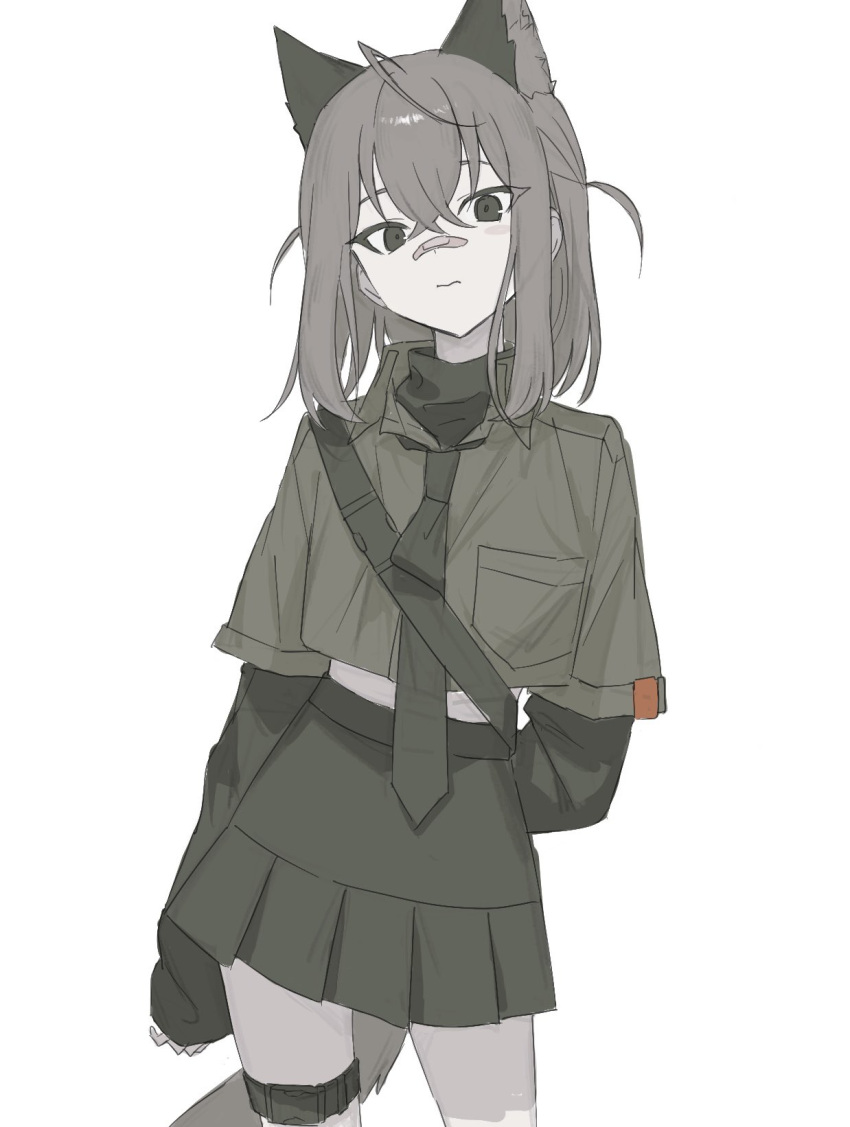 1girl, animal_ears, arm_behind_back, bandaid, bandaid_on_face, bandaid_on_nose, black_eyes, closed_mouth, green_shirt, grey_hair, hai_(haihki), hair_between_eyes, highres, long_sleeves, looking_at_viewer, necktie, original, shirt, short_sleeves, simple_background, skirt, tail, white_background