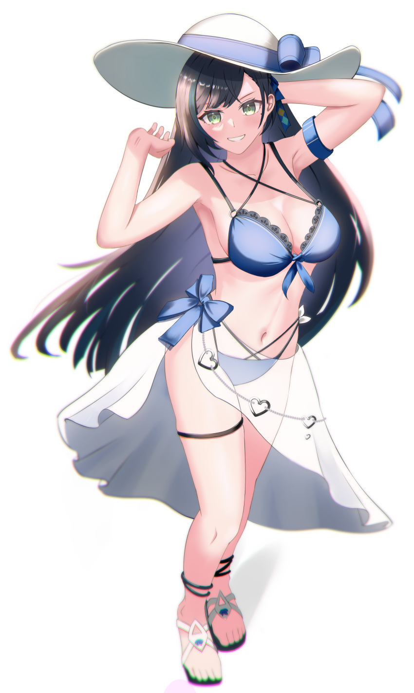 1girl, absurdres, bare_shoulders, black_hair, futoshi_(futoshidao), green_eyes, hat, highres, light_smile, lin_(summer_shade)_(tower_of_fantasy), lin_(tower_of_fantasy), long_hair, looking_at_viewer, simple_background, smile, swimsuit, tower_of_fantasy, white_background