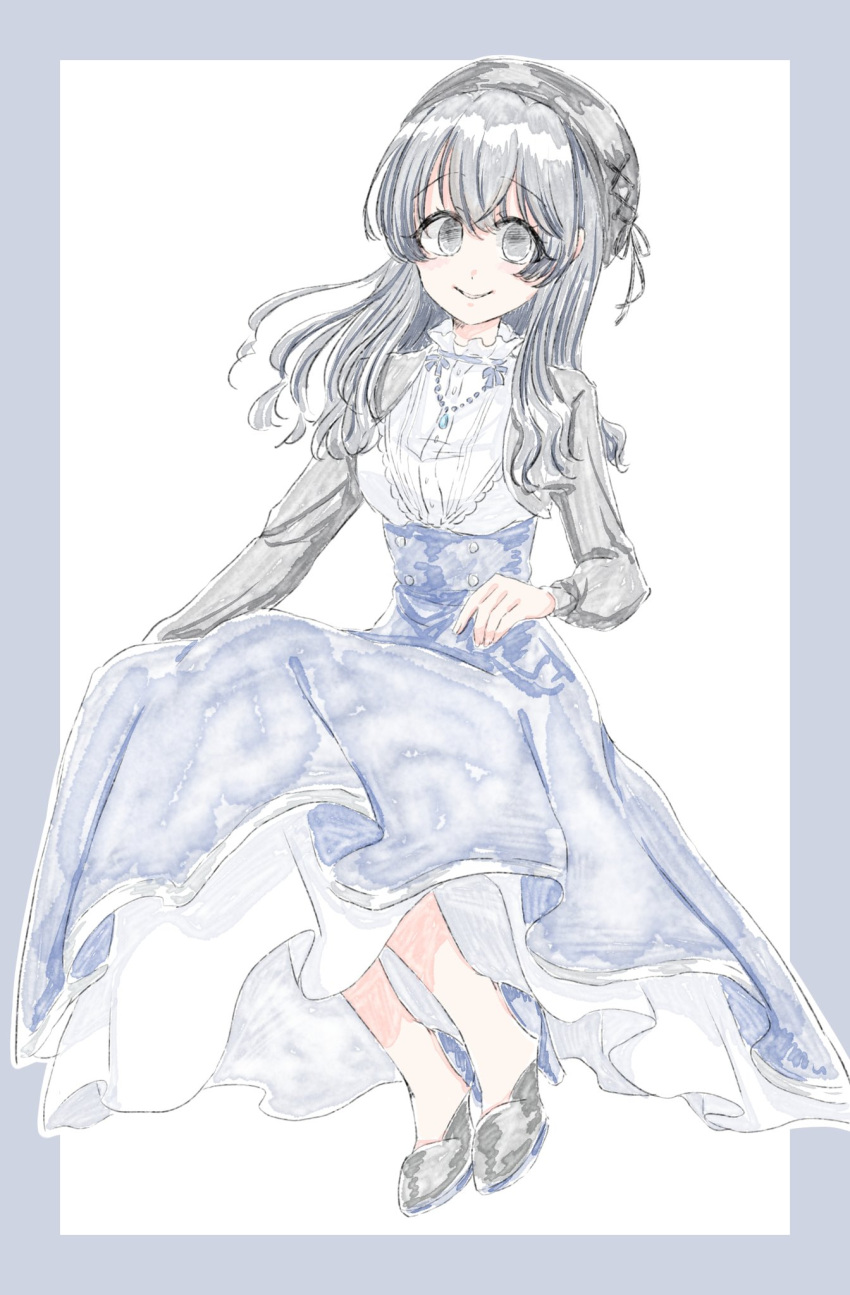 1girl, bead_necklace, beads, black_eyes, black_hair, black_hat, black_shrug, blue_skirt, border, empty_eyes, full_body, grey_border, hat, high-waist_skirt, high_heels, highres, jewelry, kikka_1003, kimi_no_koto_ga_dai_dai_dai_dai_daisuki_na_100-nin_no_kanojo, light_blush, long_hair, long_skirt, necklace, parted_lips, shirt, sitting, skirt, solo, white_shirt, zetsubouda_meru